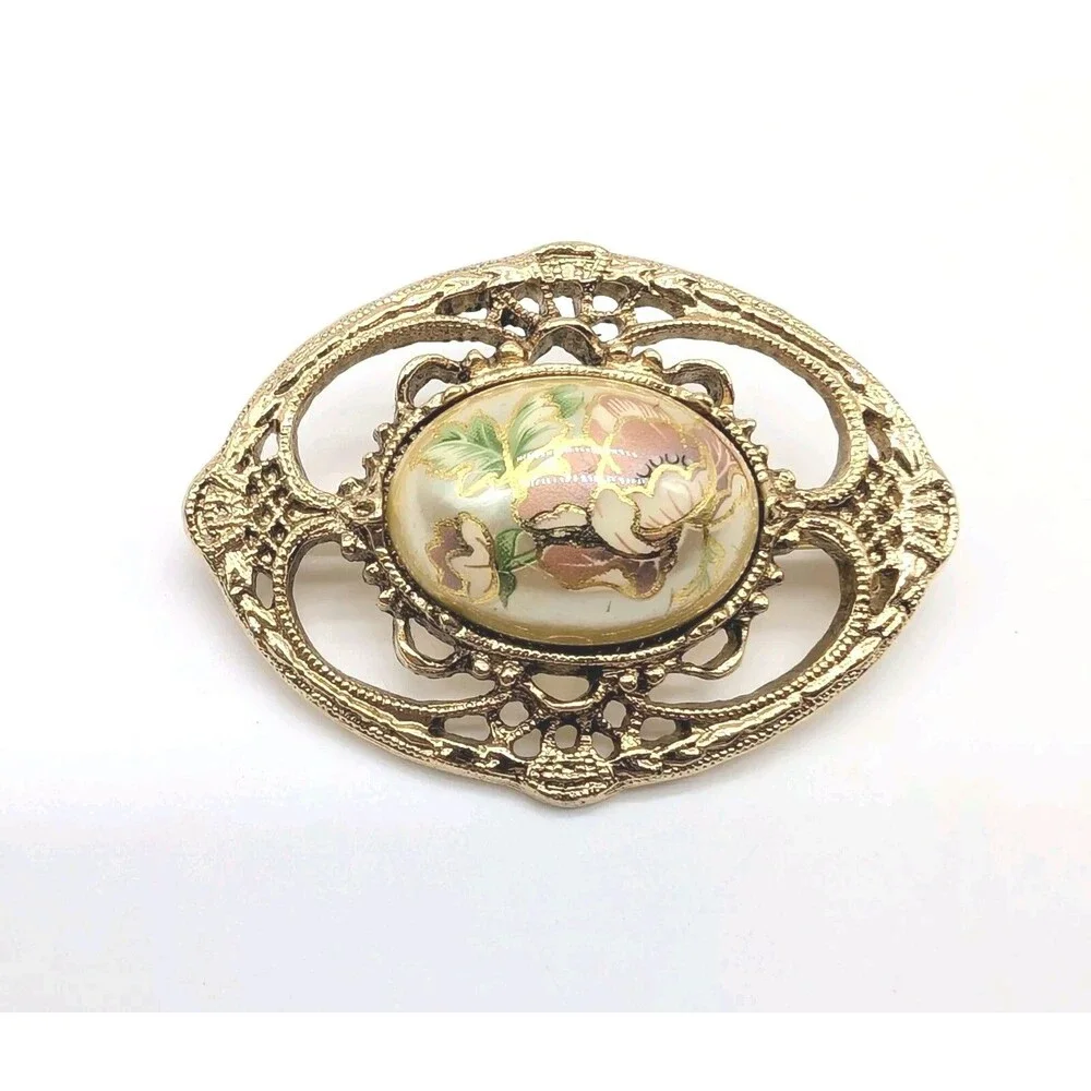 VTG Faux Pearl Gold Tone Brooch Pin Hand Painted 1928
